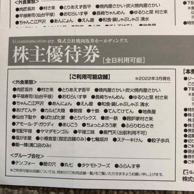 焼肉坂井ホールディング優待券・20%割引券 チケットの優待券/割引券(レストラン/食事券)の商品写真