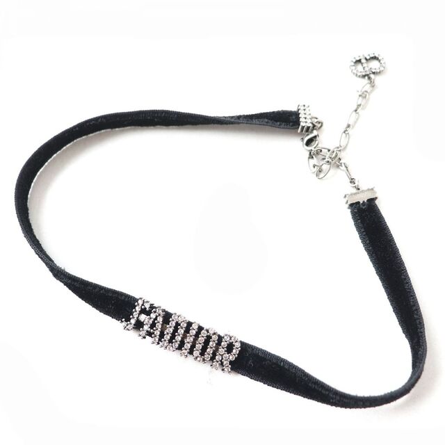 極美品△クリスチャンディオール  JADIOR Choker ジャディオール チョーカー ラインストーン付 レディース ブラック×シルバー 箱・袋付