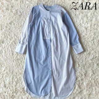 ザラ(ZARA)の【ZARA】ストライプ切り替えシャツワンピース XS 丸首 ブルー オックス生地(ロングワンピース/マキシワンピース)