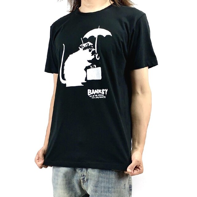 新品 BANKSY バンクシー 東京 傘 ネズミ ステンシルアート Tシャツ