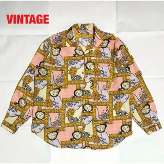 VINTAGE　総柄シャツ　懐中時計　チェーン柄　金ボタン　オーバーサイズ(シャツ/ブラウス(長袖/七分))