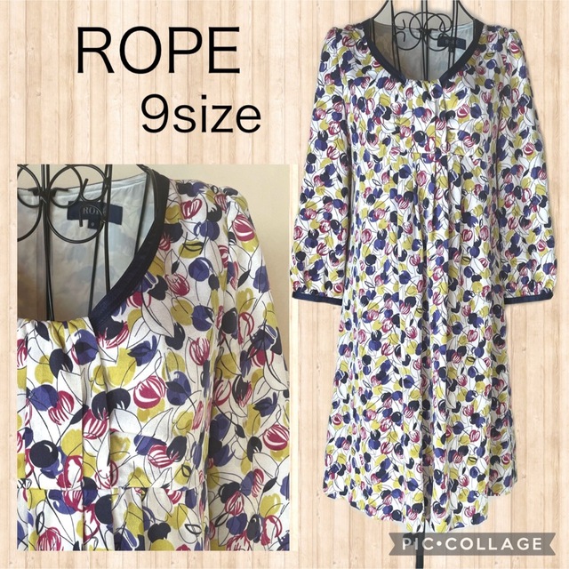 ROPE’(ロペ)のロペ　花柄ワンピース　日本製　七分袖　マルチカラー　ホワイトネイビー　ピンク春夏 レディースのワンピース(ひざ丈ワンピース)の商品写真