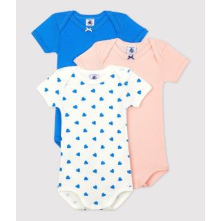 プチバトー(PETIT BATEAU)の新品未使用  プチバトー  36m 半袖ボディ  3枚組  ミニブルーハート(ロンパース)