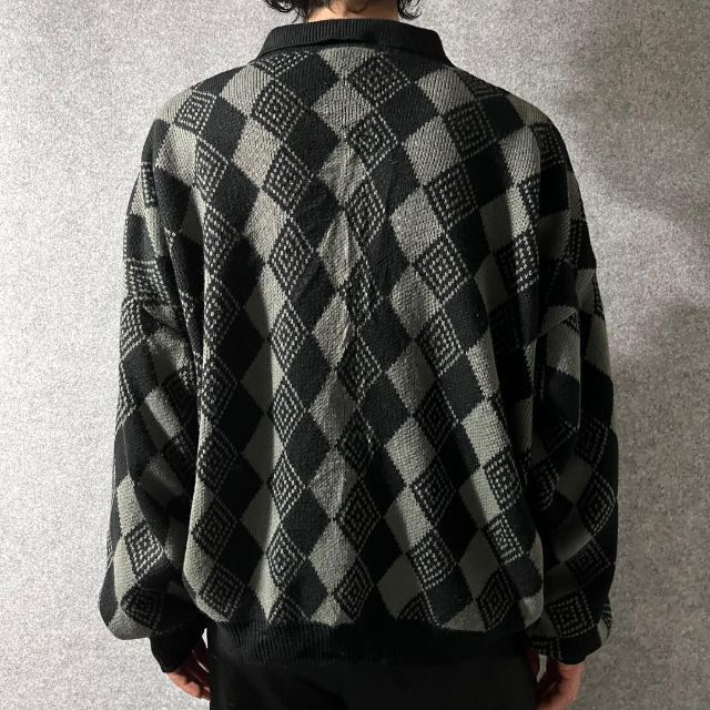 vintage】バルーンシルエット ハーリキンチェック 肉厚 ニットポロ 黒
