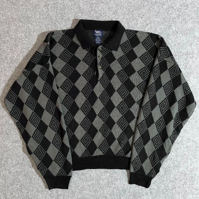 vintage】バルーンシルエット ハーリキンチェック 肉厚 ニットポロ 黒