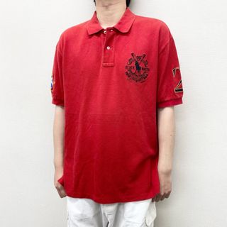 ラルフローレン(Ralph Lauren)のUS古着 Polo by Ralph Lauren 鹿の子 ポロシャツ 半袖 エンブレム ナンバリング 刺繍 サイズ：メンズ XL ビッグサイズ レッド【中古】(ポロシャツ)