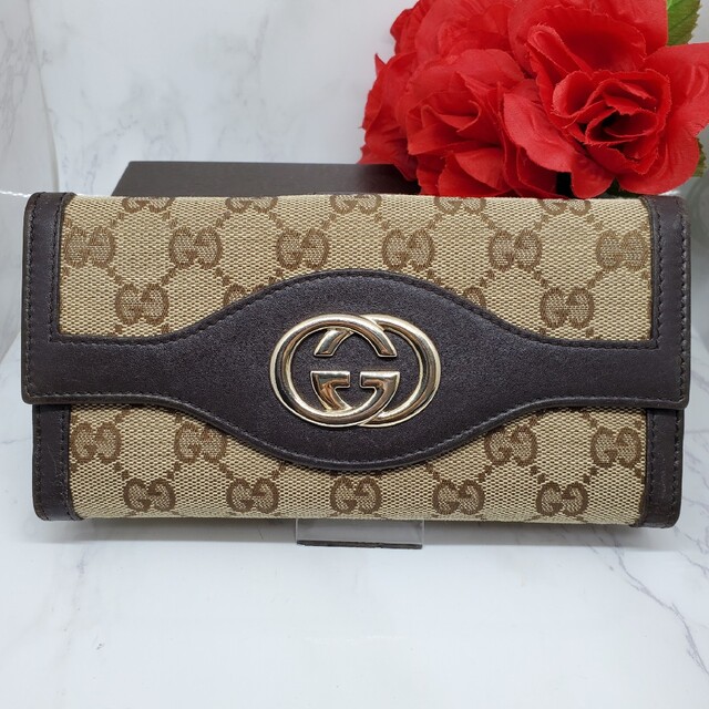 美品】 GUCCI グッチ 長財布 財布 GG キャンバス ロゴ 金具 レザー 【福袋セール】 5364円引き