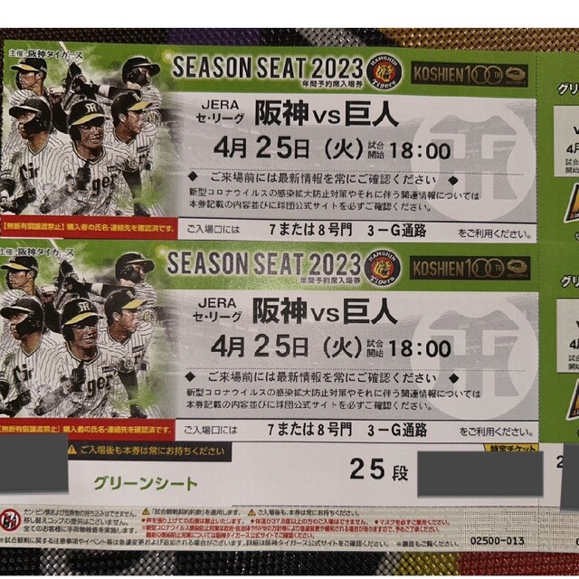 4月25日  阪神vs巨人 グリーンシート通路側２枚