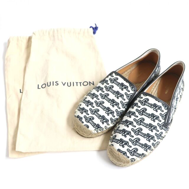 LOUIS VUITTON(ルイヴィトン)の美品▼LOUIS VUITTON ルイヴィトン ビダール エスパドリーユ ロゴ総柄 レザー使い スリッポン ホワイト×ブラック 8M メンズ 伊製 保存袋付 メンズの靴/シューズ(スリッポン/モカシン)の商品写真