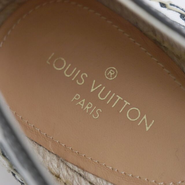 LOUIS VUITTON(ルイヴィトン)の美品▼LOUIS VUITTON ルイヴィトン ビダール エスパドリーユ ロゴ総柄 レザー使い スリッポン ホワイト×ブラック 8M メンズ 伊製 保存袋付 メンズの靴/シューズ(スリッポン/モカシン)の商品写真