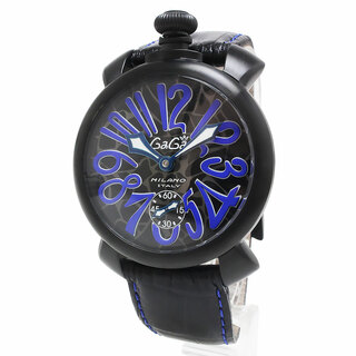 ガガミラノ(GaGa MILANO)のガガミラノ マヌアーレ 48MM モザイク 手巻き 腕時計 型押しカーフレザー ブラック ブルー 黒 青 5012.MOSAICO2S 箱付 訳あり GaGa MILANO（新品・未使用品）(腕時計(アナログ))