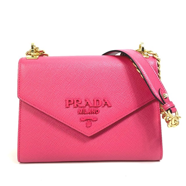 PRADA(プラダ)のプラダ PRADA モノクローム 1BD127 ロゴ/斜め掛け カバン チェーン ショルダーバッグ サフィアーノレザー ピンク 美品 レディースのバッグ(ショルダーバッグ)の商品写真