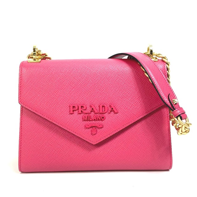 プラダ PRADA モノクローム 1BD127 ロゴ/斜め掛け カバン チェーン ショルダーバッグ サフィアーノレザー ピンク 美品