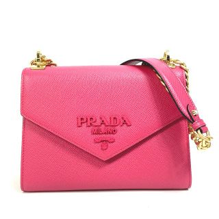 プラダ(PRADA)のプラダ PRADA モノクローム 1BD127 ロゴ/斜め掛け カバン チェーン ショルダーバッグ サフィアーノレザー ピンク 美品(ショルダーバッグ)