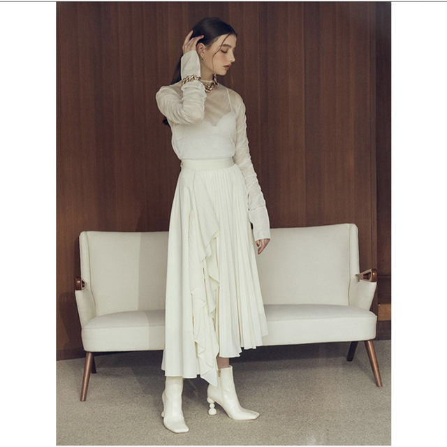eimy istoire(エイミーイストワール)のeimy istoire ラッフルフリルプリーツスカート　ホワイト レディースのスカート(ロングスカート)の商品写真