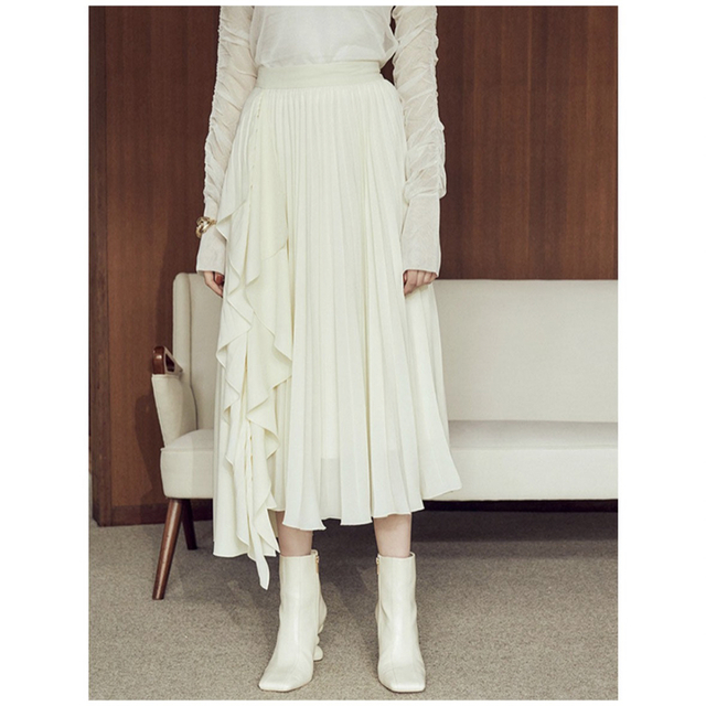eimy istoire(エイミーイストワール)のeimy istoire ラッフルフリルプリーツスカート　ホワイト レディースのスカート(ロングスカート)の商品写真