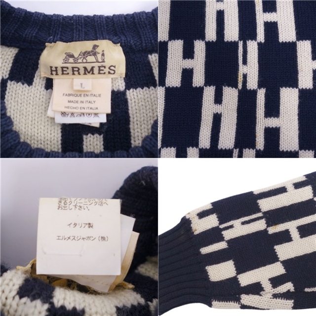 Vintage エルメス HERMES ニット セーター プルオーバー ウール Hロゴ トップス メンズ イタリア製 L ブラック/ホワイト
