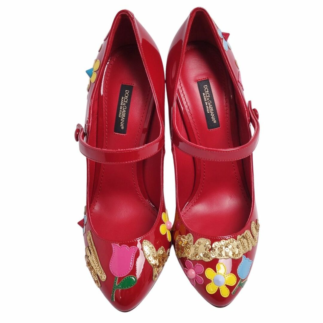 未使用 ドルチェ&ガッバーナ DOLCE&GABBANA パンプス ストラップ エナメルレザー スパンコール ヒール シューズ 靴 レディース イタリア製 37 1/2(24.5cm相当) レッド