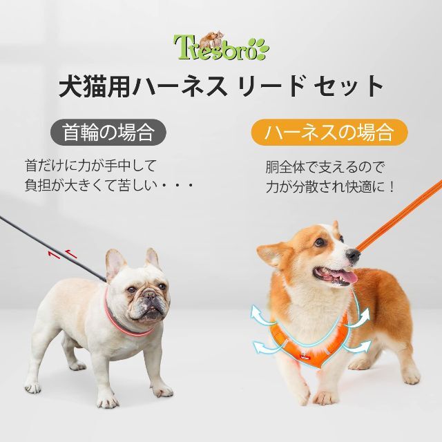 色: オレンジ】Tresbro 犬 ハーネス 中型犬 ロングリード1.5m セ グレー 灰色 犬 猫 ペット ソフトメッシュハーネス リード 安全 セット