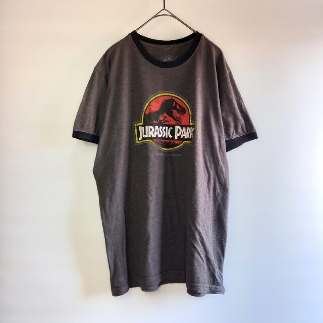 ジュラシックパーク　クルーネック　リンガーTシャツ　グレー　L