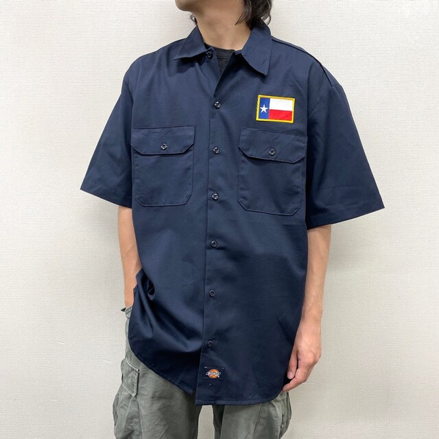 Dickies(ディッキーズ)のUS古着 ディッキーズ Dickies ワークシャツ 半袖 ローンスター ワッペン サイズ：メンズ L ダークネイビー【中古】 メンズのトップス(シャツ)の商品写真