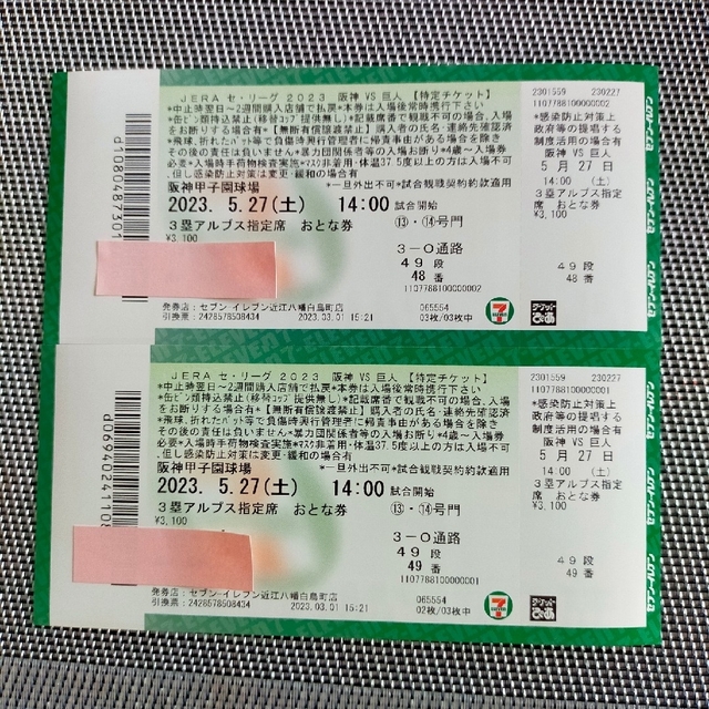 甲子園球場　阪神対巨人　３塁アルプス席チケット２枚