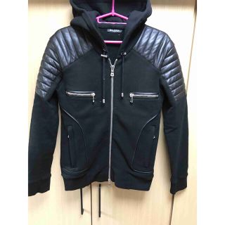 本物 美品 バルマンオム  レザー切替 ZIP UP パーカー バイカー 黒 S