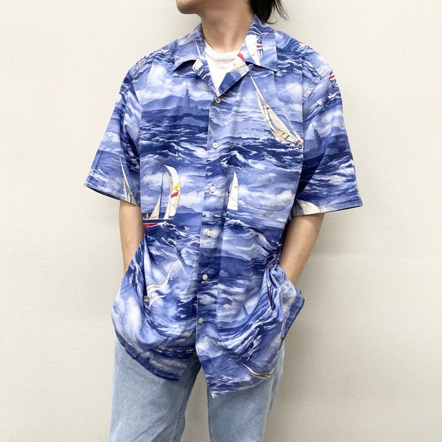 【超希少☆】ノーティカ ビッグプリント半袖BDシャツ 船 ヨット ブルー XXL