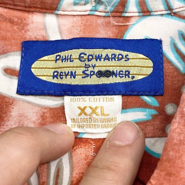 US PHIL EDWARDS by REYN SPOONER アロハシャツ プルオーバー 半袖 ボタンダウン 総柄 花柄 サイズ：メンズ XXL ビッグサイズ サーモンピンク系