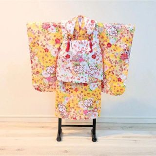 女の子 七五三 3歳 被布 着物セット 黄 白 s9(和服/着物)