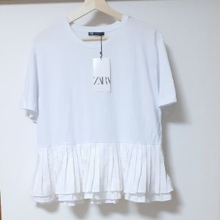 ザラ(ZARA)のザラZARA　裾プリーツフリル半袖Tシャツカットソー　ホワイト　M  新品(Tシャツ(半袖/袖なし))