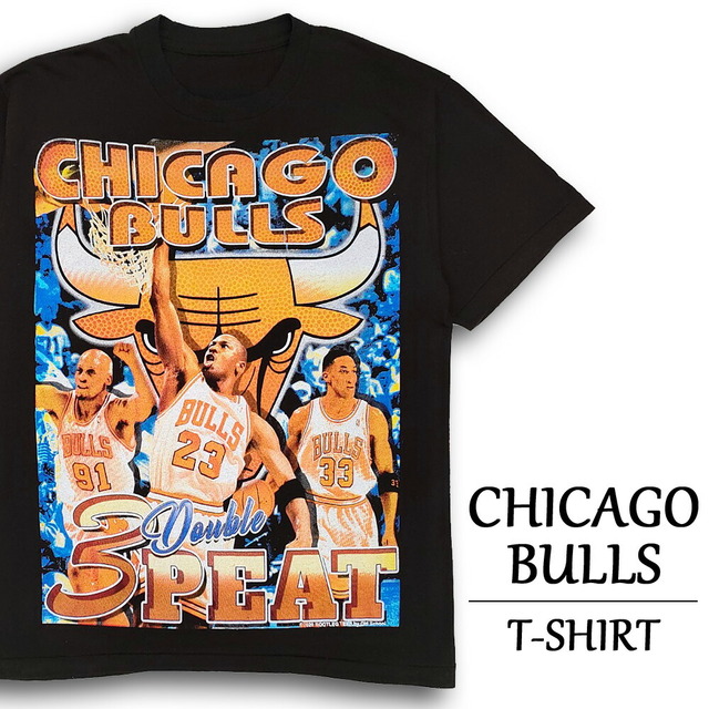 NBA シカゴ・ブルズ Tシャツ 半袖 " Double 3 Peat "  CHICAGO BULLS  サイズ：メンズ XL 相当  ビッグサイズ  ブラック   【新品】