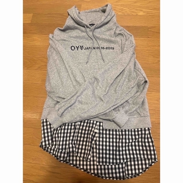 OY パーカー チェックフェイクレイヤードプルオーバーパーカー