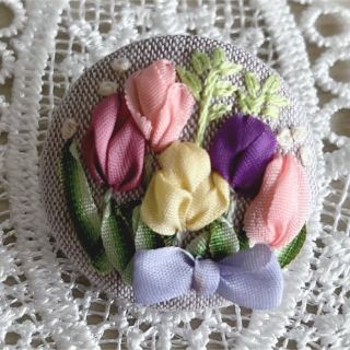 ♡リボン刺繍のくるみボタン チューリップ①(各種パーツ)