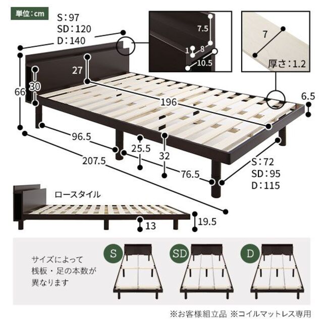 送料無料 ダブルベッド マットレス付き ハイタイプ保証・棚・コンセントブラウン