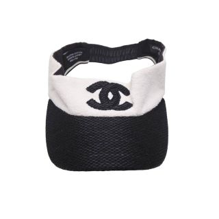 シャネル(CHANEL)のCHANEL シャネル サンバイザー ココマーク コットン レザー ブラック ホワイト M 美品 中古 48512 正規品(その他)