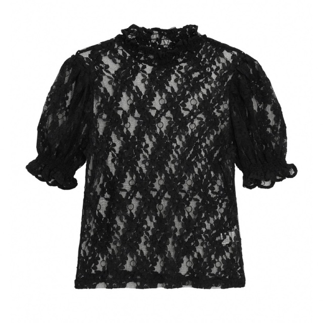 GU(ジーユー)のGU レースT 5部袖 プチハイネック フリル パフスリーブ ブラック 黒 XS レディースのトップス(シャツ/ブラウス(半袖/袖なし))の商品写真