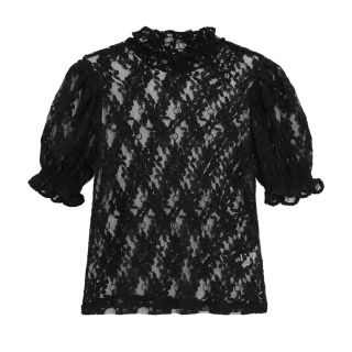ジーユー(GU)のGU レースT 5部袖 プチハイネック フリル パフスリーブ ブラック 黒 XS(シャツ/ブラウス(半袖/袖なし))