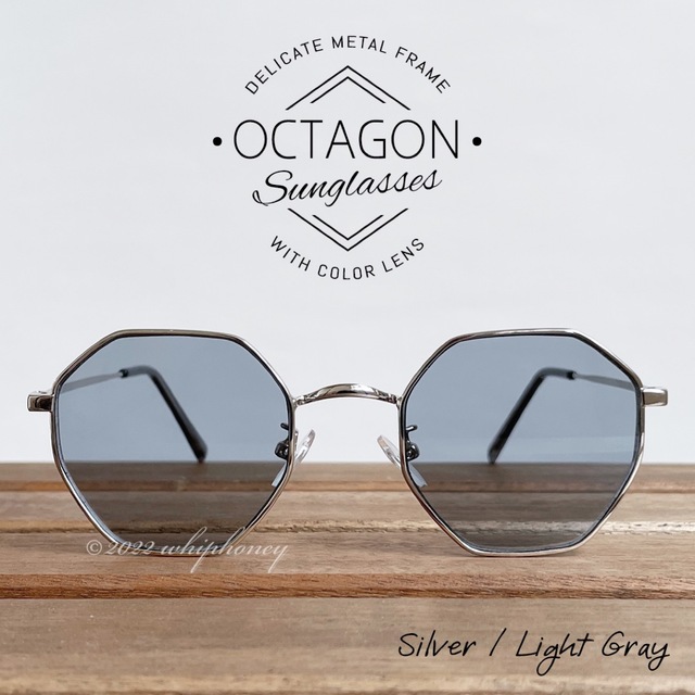 レトロな八角形シェイプ オクタゴンUVサングラス シルバー ライトグレー メンズのファッション小物(サングラス/メガネ)の商品写真