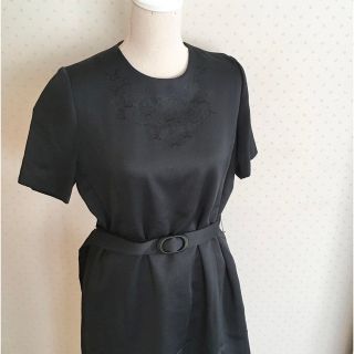 【美品】礼服　ロング　ワンピース　ベルト付き　ブラック　半袖　フォーマル(礼服/喪服)