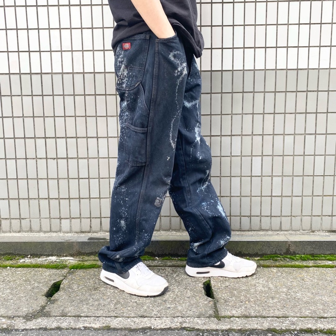US古着 ディッキーズ Dickies デニム カーペンターパンツ テーパード ブリーチ 後染め LU200RNB サイズ:W37 L34.5 ビッグサイズ ブラック 【中古】