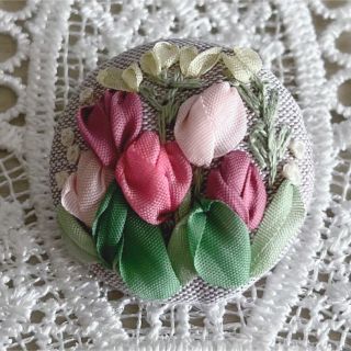 ♡リボン刺繍のくるみボタン チューリップ③(各種パーツ)