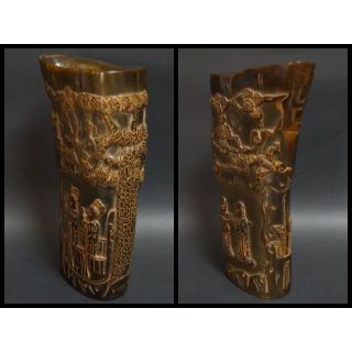 ブラウン×ピンク 唐物 水牛角彫り『松林人物図』 爵 刳り貫き酒器杯