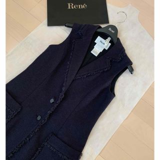 【美品】 Rene ベスト ドッキング ジャケット ツイード フリンジ 34 紺