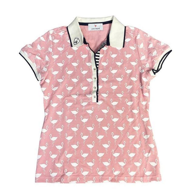 ジュン アンド ロペ 半袖ポロシャツ フラミンゴ 総柄 ピンク S 1