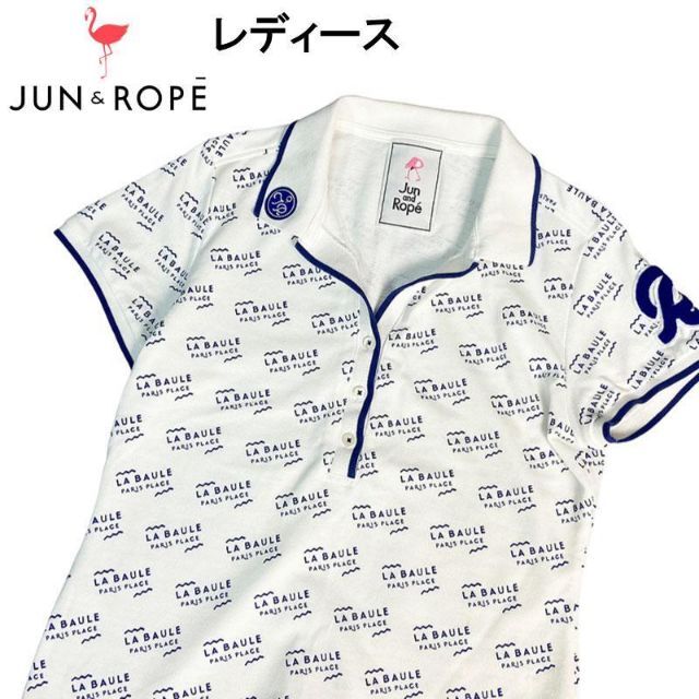 JUN&ROPE ジュン アンド ロペ 半袖ポロシャツ 総柄 ホワイト M55cm袖丈