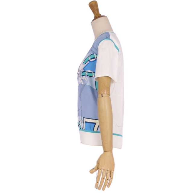 美品 エルメス HERMES シャツ ブラウス 半袖 21SS L'InstructionduRoyZoom シルク ニット トップス レディース 36(S相当) ブルー/ホワイト