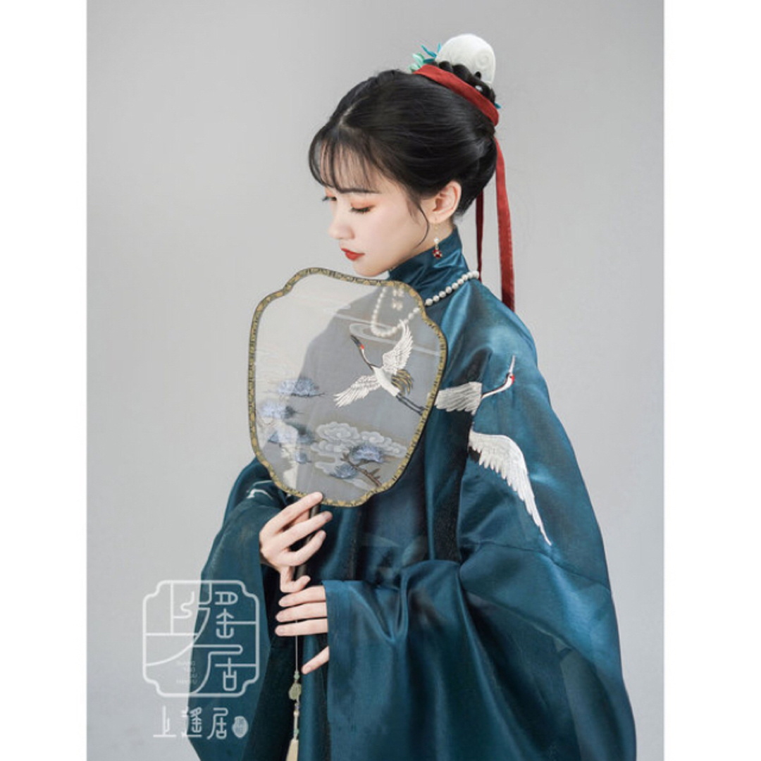 雲霧刺繍斜襟長衫　雲中鶴　青赤色ロングトプッス 中国伝統衣装　着物和服　明製漢服