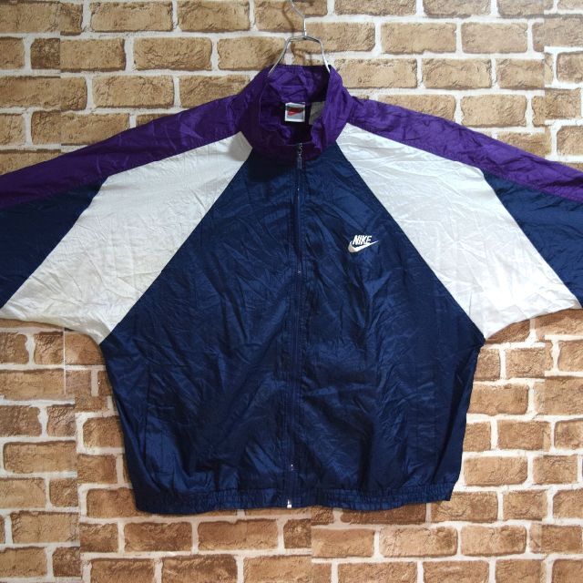 《ナイキ》90s銀タグ　刺繍ロゴ　紺×紫×白　XXL　ナイロンジャケット 2