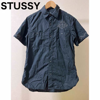 ステューシー(STUSSY)のSTUSSY ワークシャツ S 刺繍 SKULL FLOWER 黒 ステューシー(シャツ)